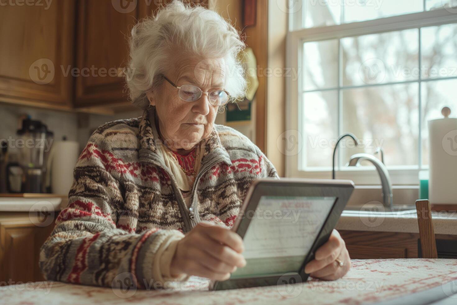 Elderly Caucasian woman intently reading on a tablet in her cozy kitchen, surrounded by natural light. photo