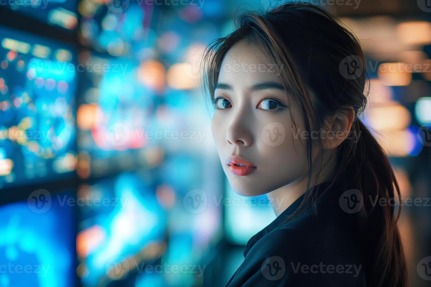 A contemplative Asian woman gazes at colorful digital screens, reflecting on the future of technology and innovation. photo