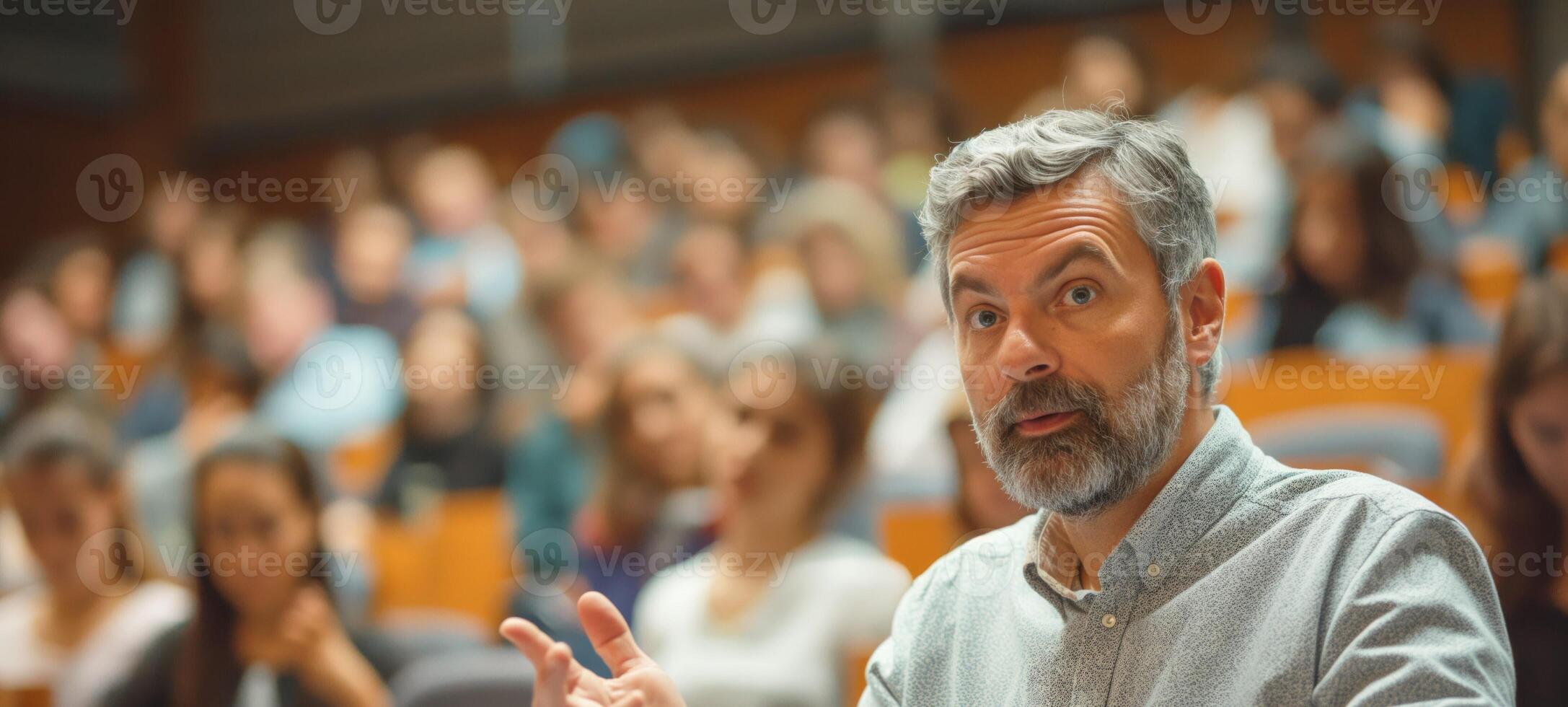 A middle-aged man with a beard engages enthusiastically with a university audience during a lecture. photo