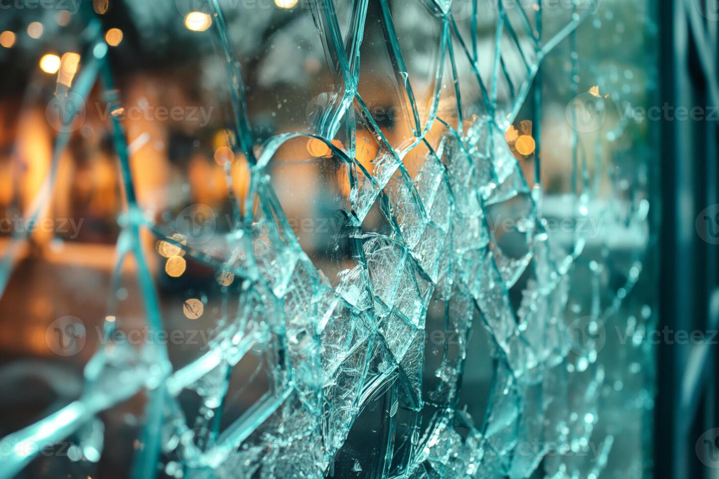 Close-up of shattered glass, showcasing intricate patterns and reflections, creating a dramatic and moody atmosphere. photo