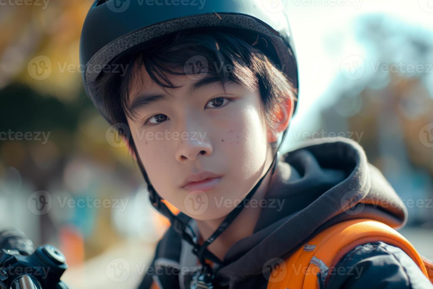 A young Asian boy wearing a helmet, looking thoughtfully into the distance, ready for an adventure on his bike. photo