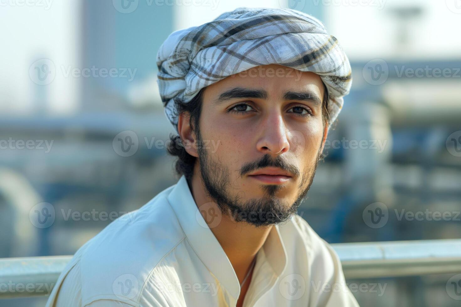 A young Arab man with a beard and traditional headwear, gazes thoughtfully at the camera in a modern urban setting. photo