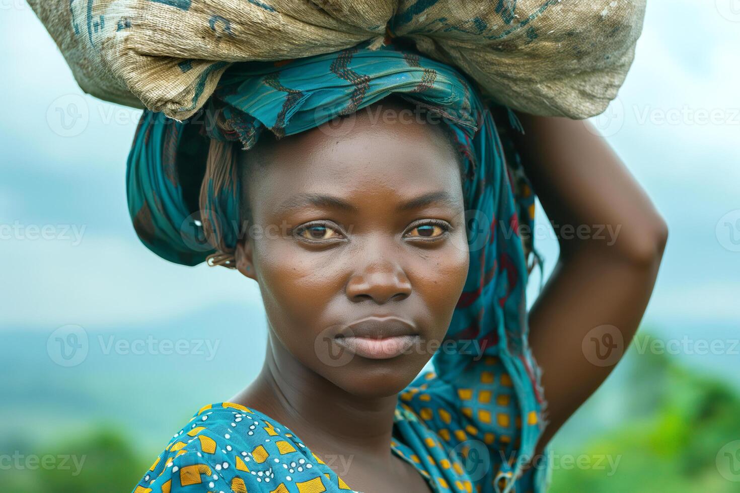 A young African woman in vibrant attire with a sack balanced on her head, exuding strength and resilience against a natural backdrop. photo