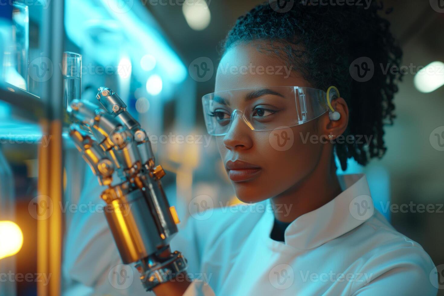 A thoughtful Black woman in a lab coat examines a robotic hand, showcasing the fusion of technology and human innovation. photo