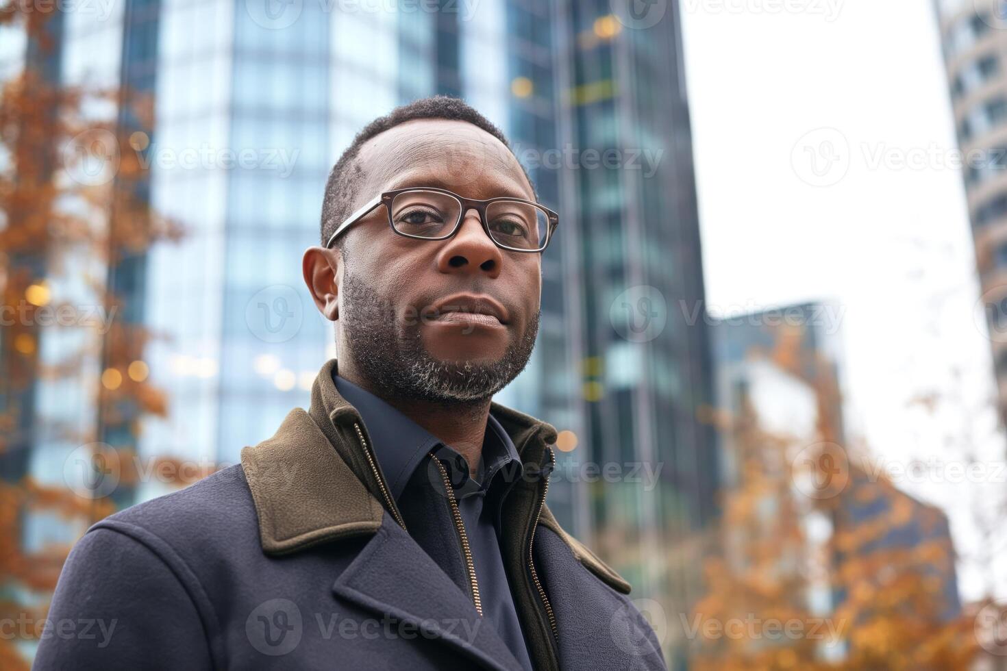 Confident Black man wearing glasses stands against a modern urban backdrop, exuding professionalism and poise. photo