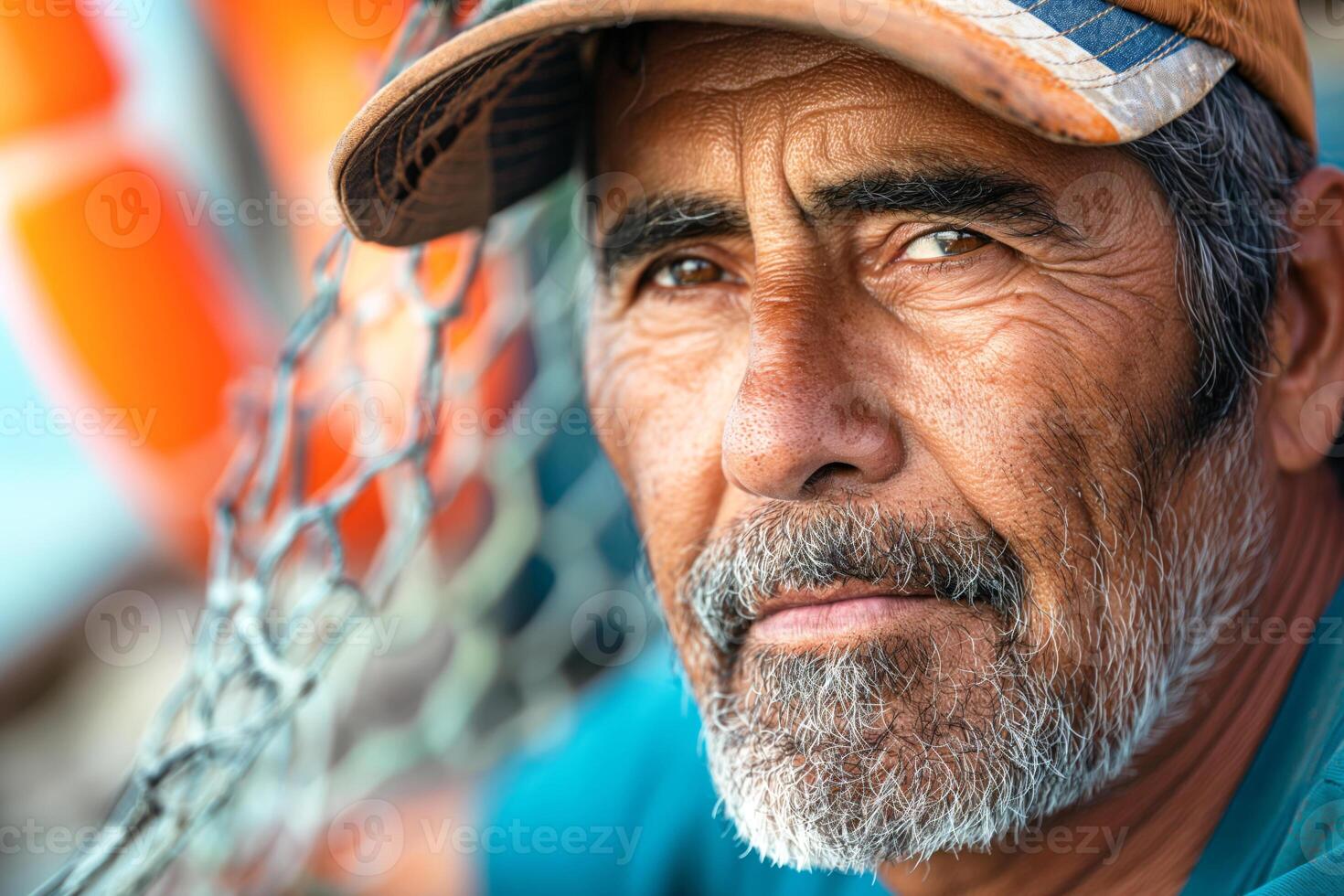 Portrait of a mature Hispanic man with a weathered face, showcasing a blend of wisdom and experience against a nautical backdrop. photo
