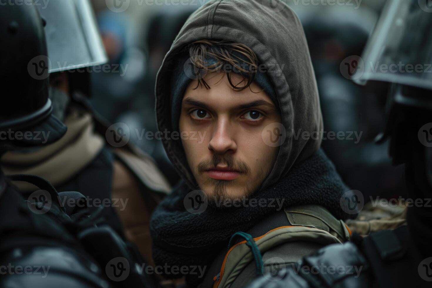 A young male protester with dark hair and a beard looks defiantly at the camera, surrounded by police in riot gear. photo