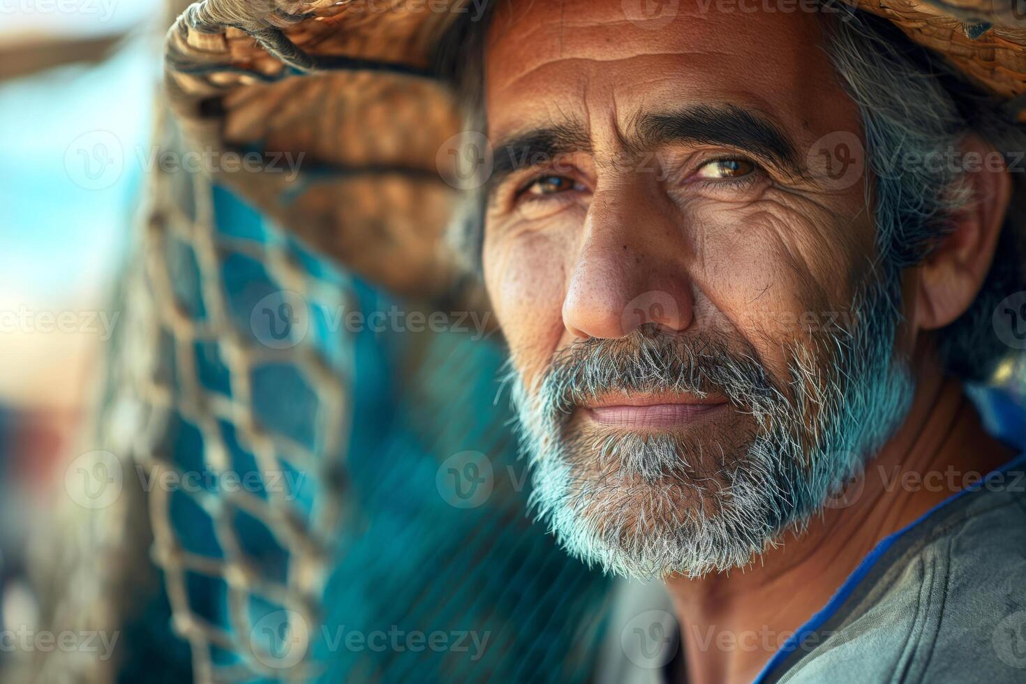 A weathered man with a gray beard and straw hat gazes thoughtfully, exuding wisdom and resilience. photo
