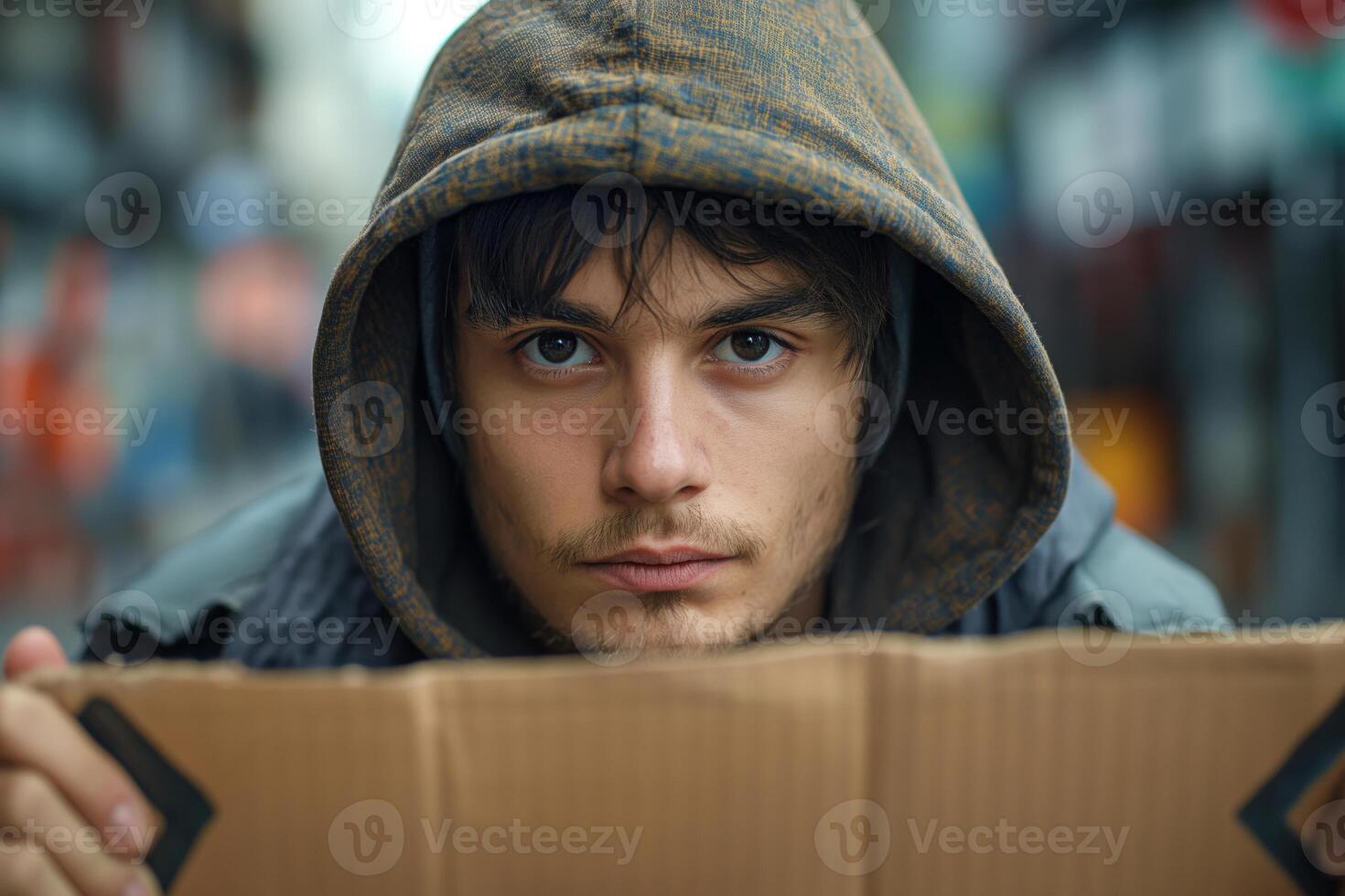 Young Caucasian male wearing a hooded jacket, gazing intently while holding a cardboard sign, evoking a sense of struggle. photo