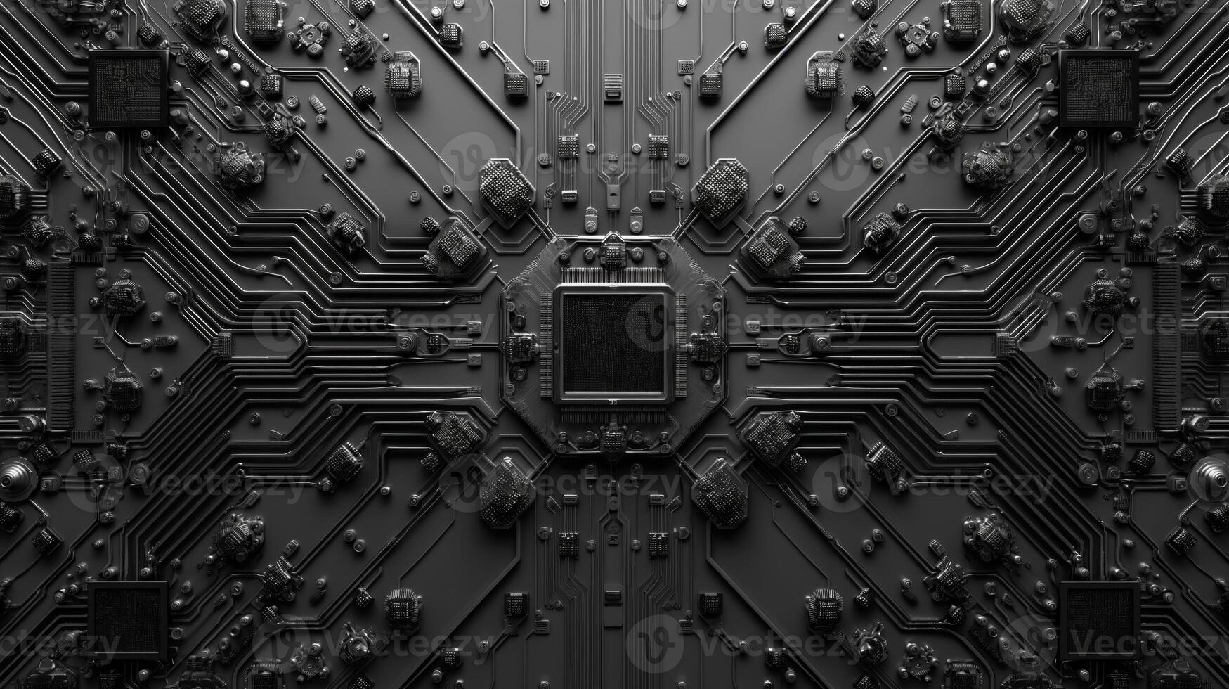 Intricate black circuit board design showcasing advanced technology and electronic components. photo