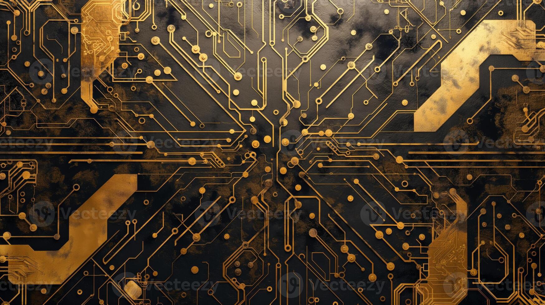 Intricate golden circuit board design with a textured black background, symbolizing technology and innovation. photo
