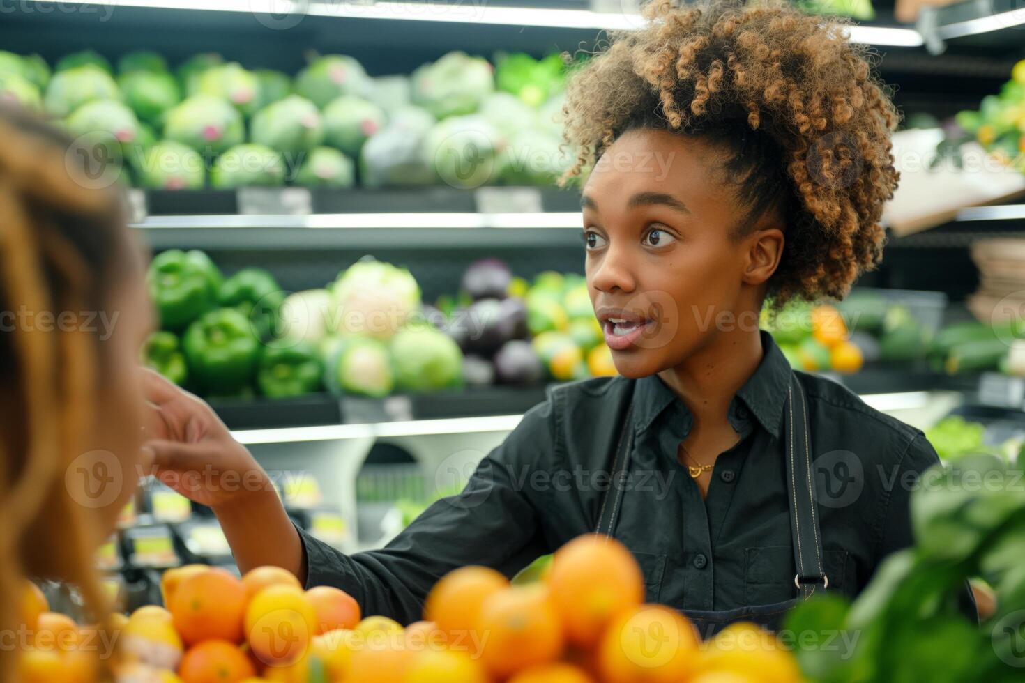 A young Black woman with curly hair engaging a customer at a vibrant grocery store, surrounded by fresh fruits and vegetables. photo