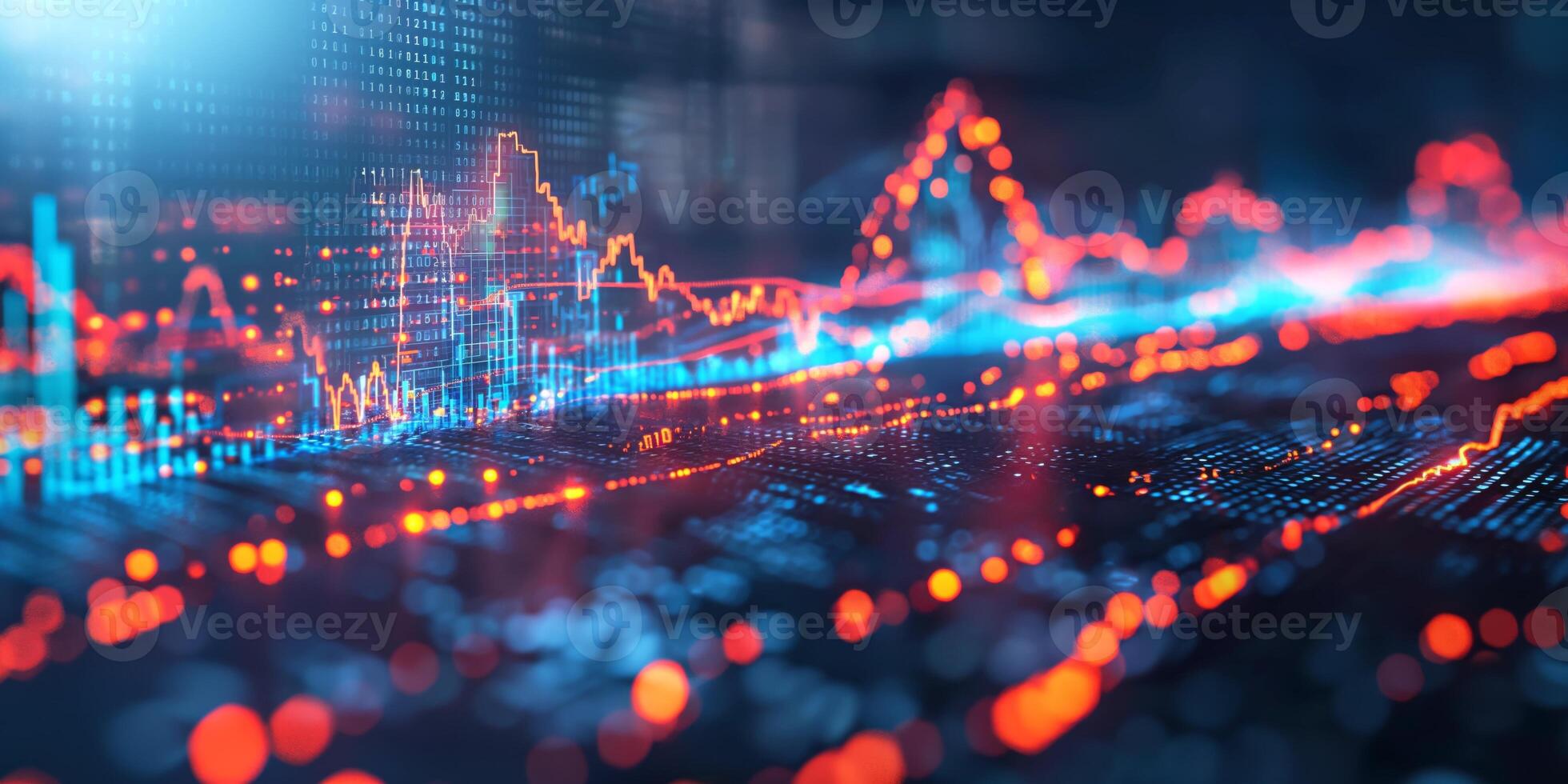 Dynamic data visualization showcasing colorful financial graphs and digital patterns, emphasizing technology and analytics. photo