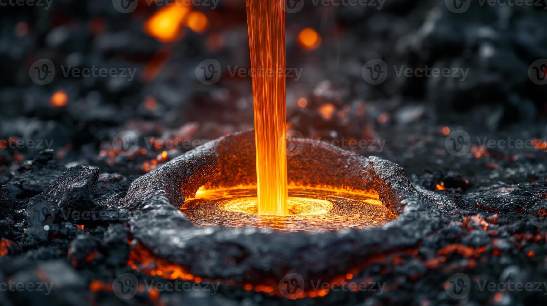 An intense flow of molten lava spewing from the earth, creating a mesmerizing spectacle of heat and light. photo