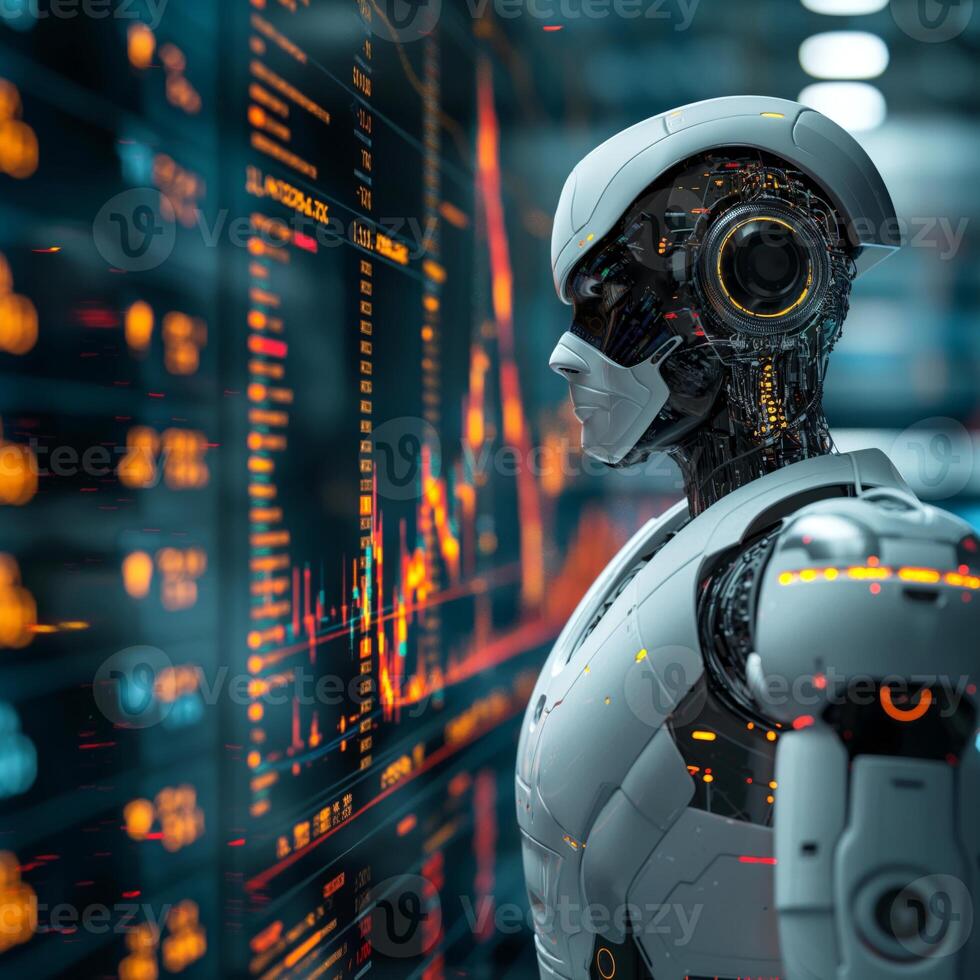 A futuristic humanoid robot with advanced features observes digital data visualizations in a tech-savvy environment. photo