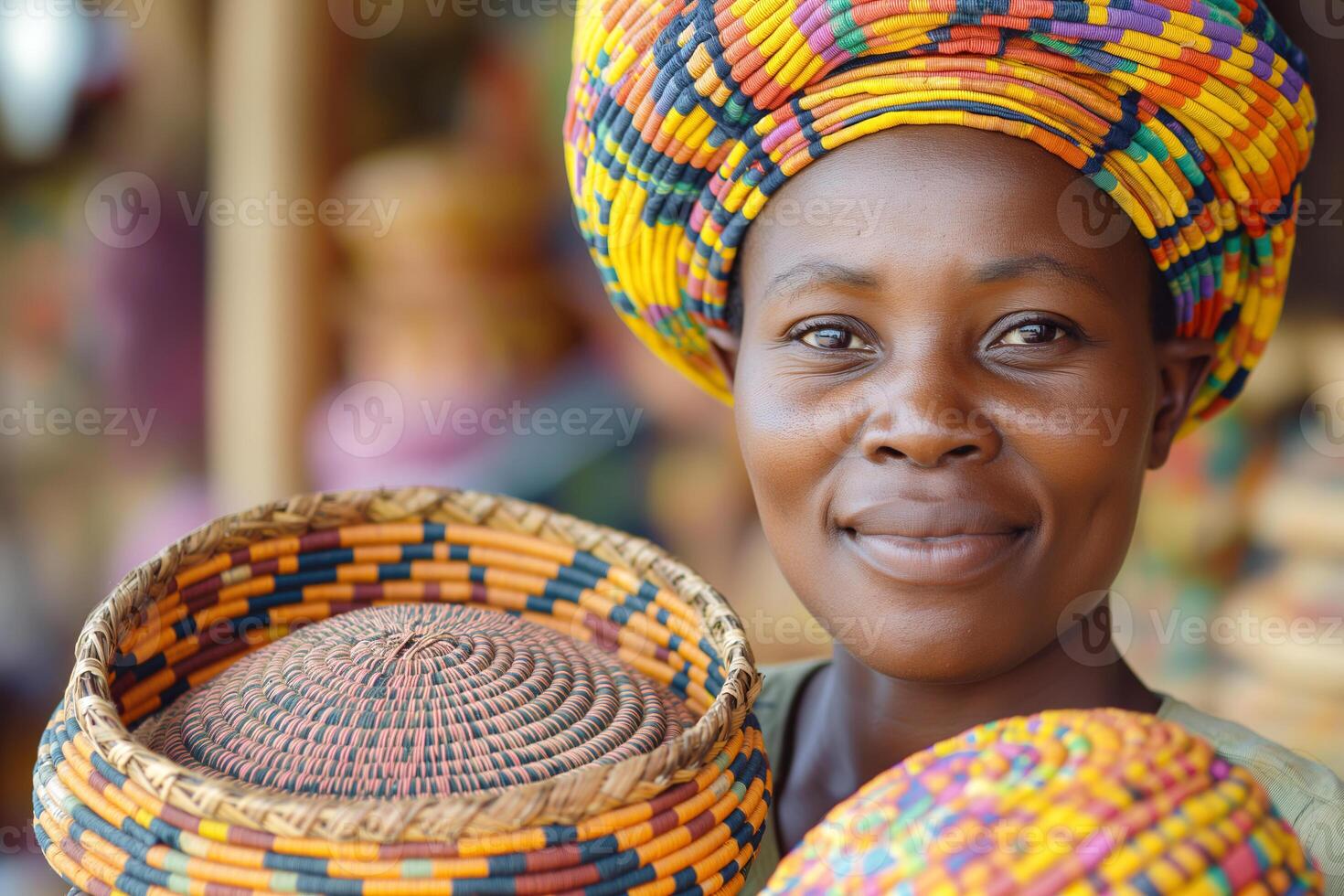 Smiling African woman in vibrant traditional attire holding colorful woven baskets. photo