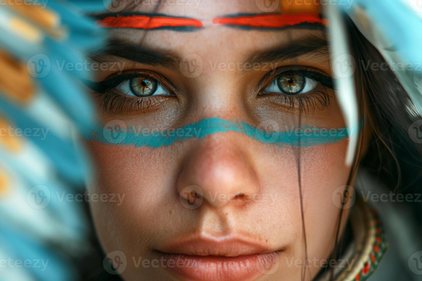 Close-up of a young woman with striking blue eyes and traditional face paint, embodying cultural beauty and strength. photo