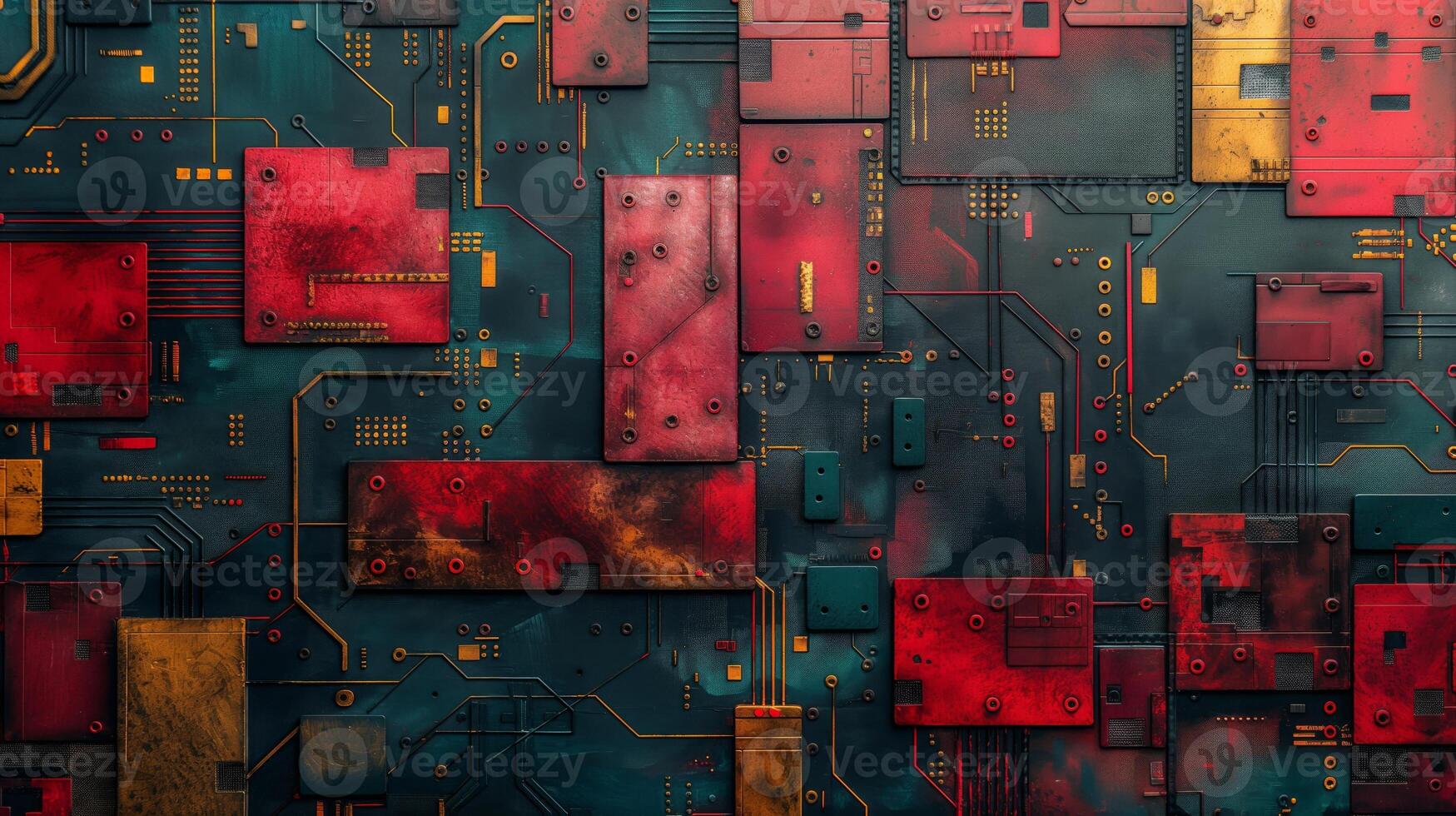 Abstract digital circuit design featuring a vibrant mix of reds, blues, and golds, evoking a sense of futuristic technology. photo