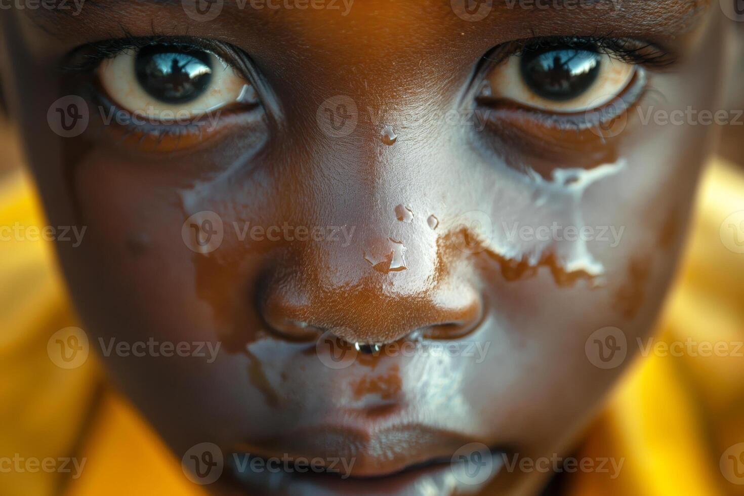 Close-up portrait of a young Black boy with glistening skin, reflecting the sunlight. His intense gaze draws attention. photo
