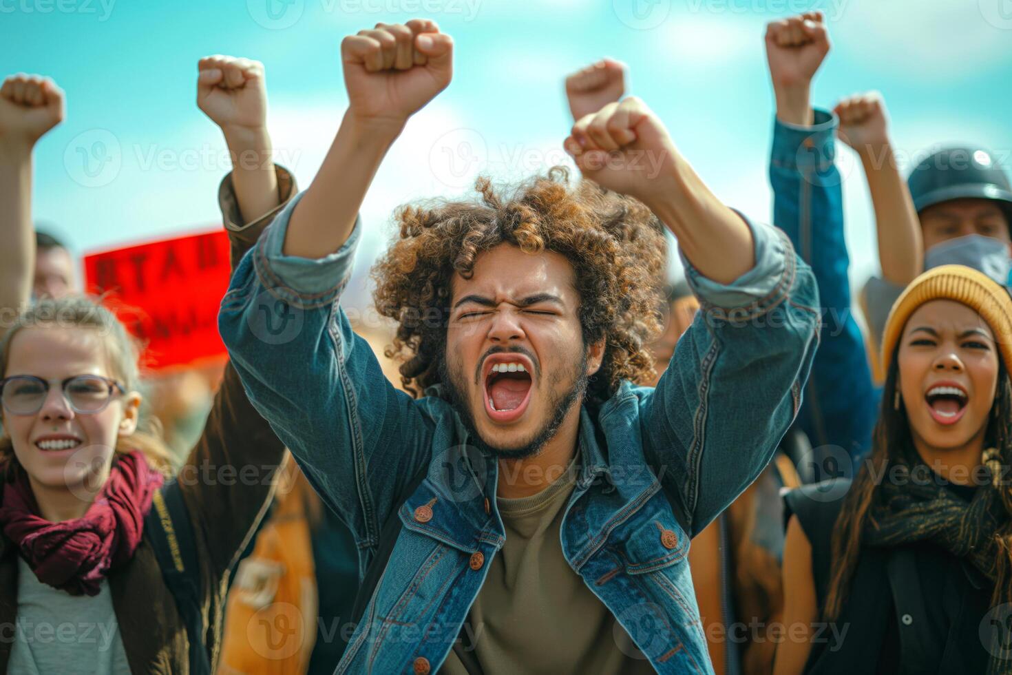 A passionate group of diverse young activists protesting with raised fists in a firm stance for change. photo