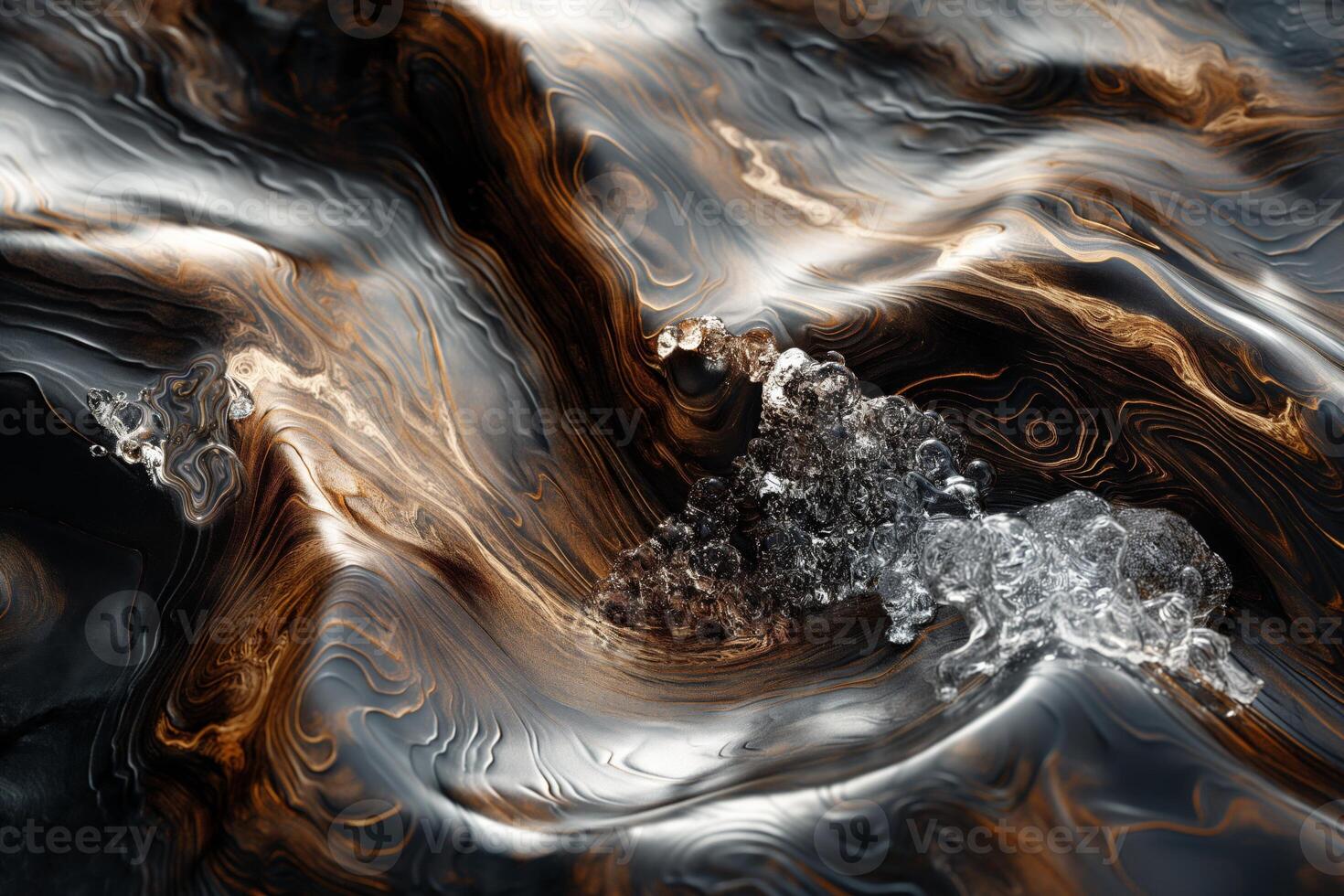Abstract waves of black, gold, and silver fluid art create a mesmerizing, dynamic pattern. photo