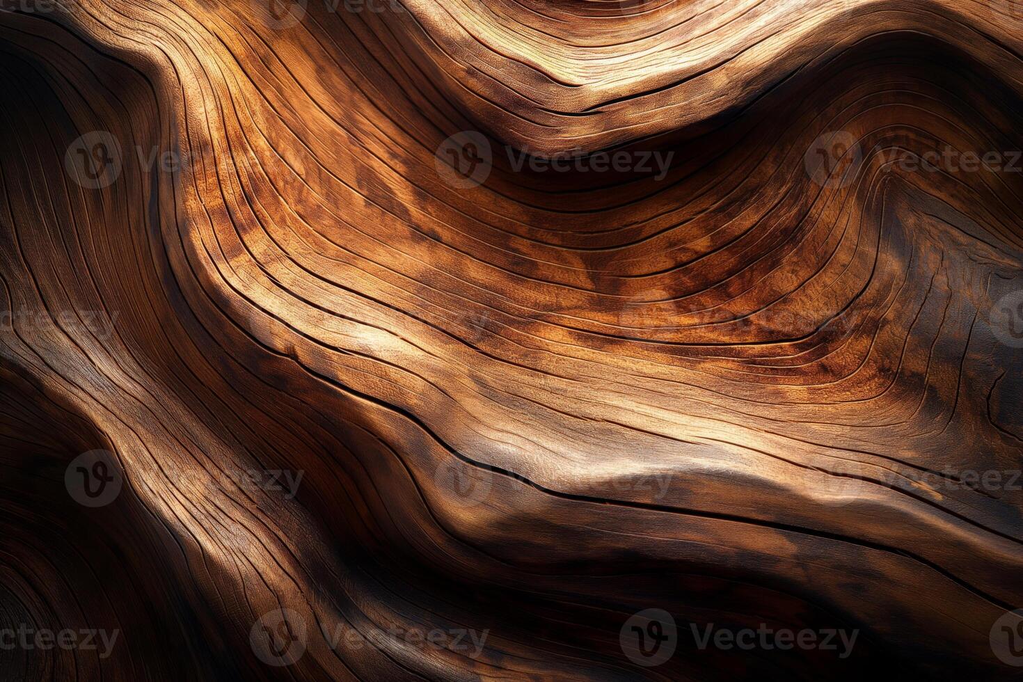 Close-up of intricate wooden texture, showcasing rich brown tones and flowing lines in a natural pattern. photo