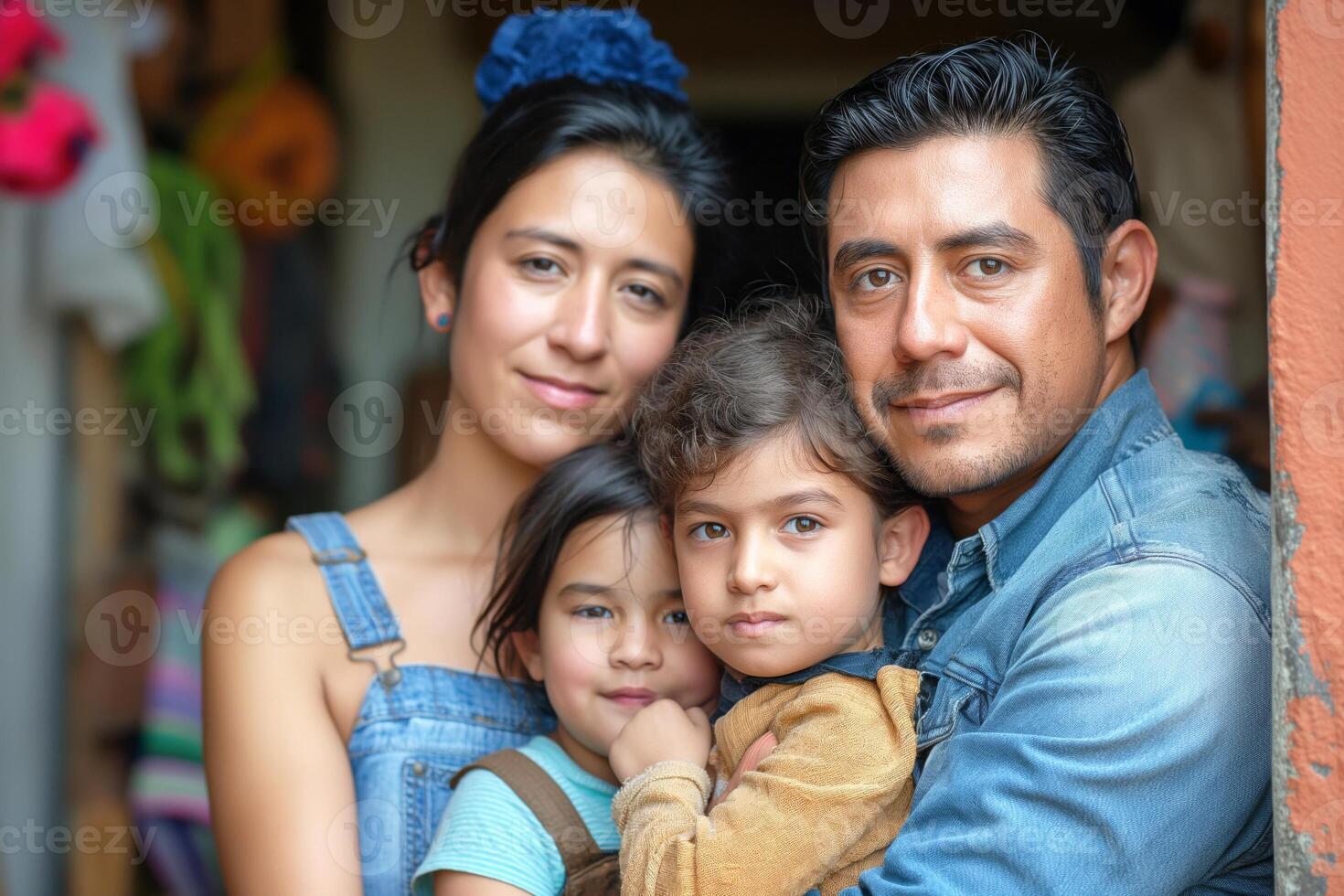 A loving Hispanic family posing together with smiles, showcasing their bond in a cozy home setting. photo