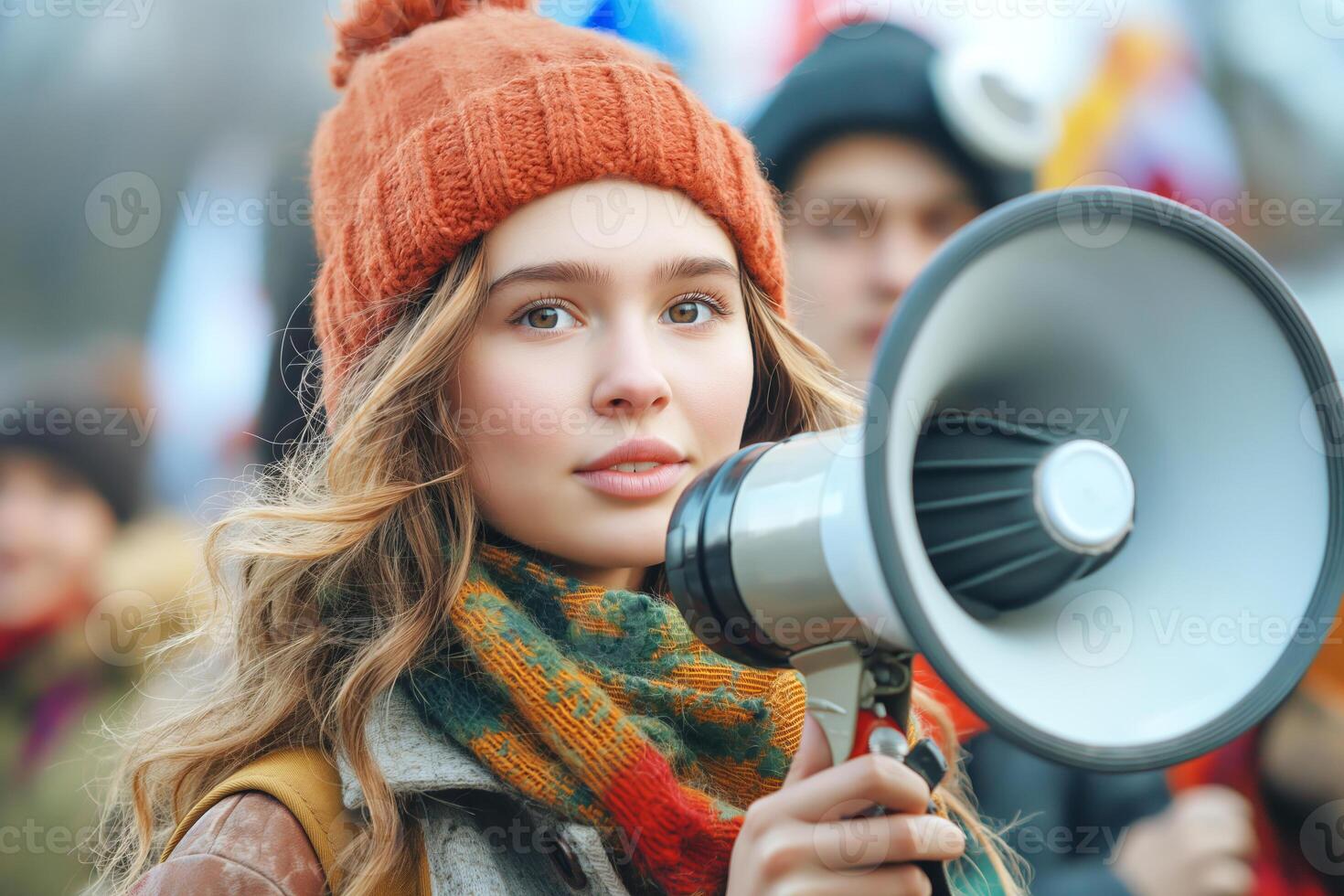 A young Caucasian woman holding a megaphone at a rally, wearing a warm hat and scarf, expressing her passion for a cause. photo