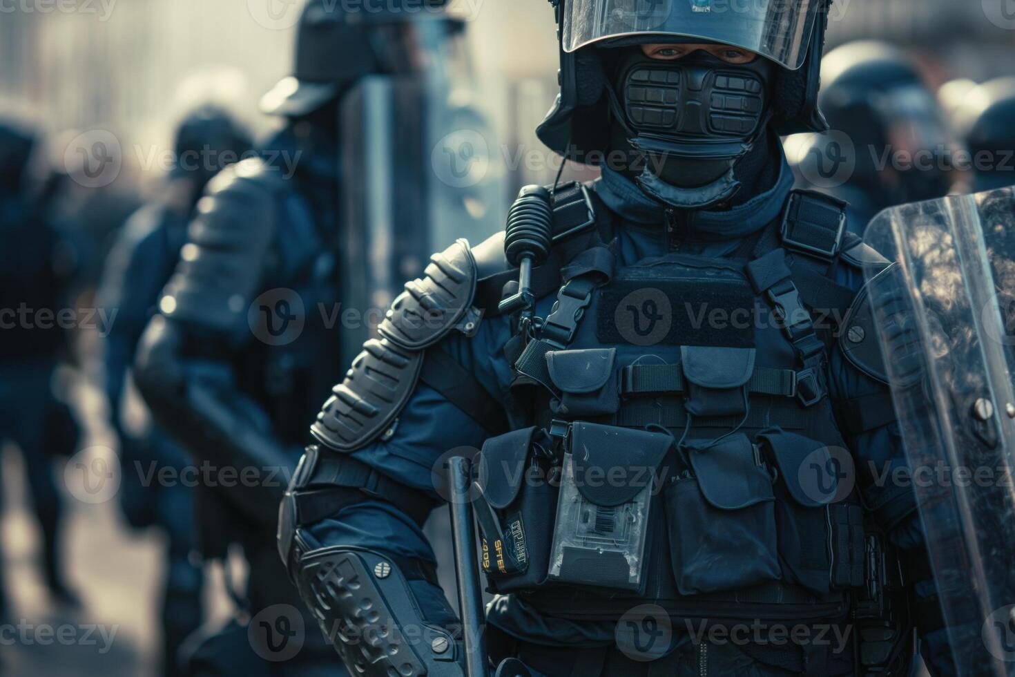 A focused male riot police officer in tactical gear stands ready amidst a gathering crowd, embodying strength and vigilance. photo