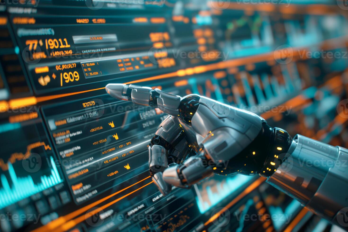 A futuristic robotic hand interacts with digital financial data, symbolizing advancements in AI and technology. photo