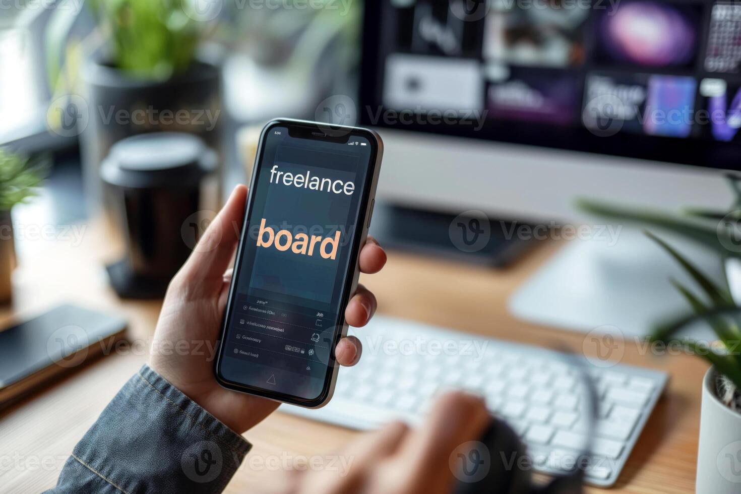 Close-up of a hand holding a smartphone displaying a freelance board, set against a stylish home office backdrop. photo
