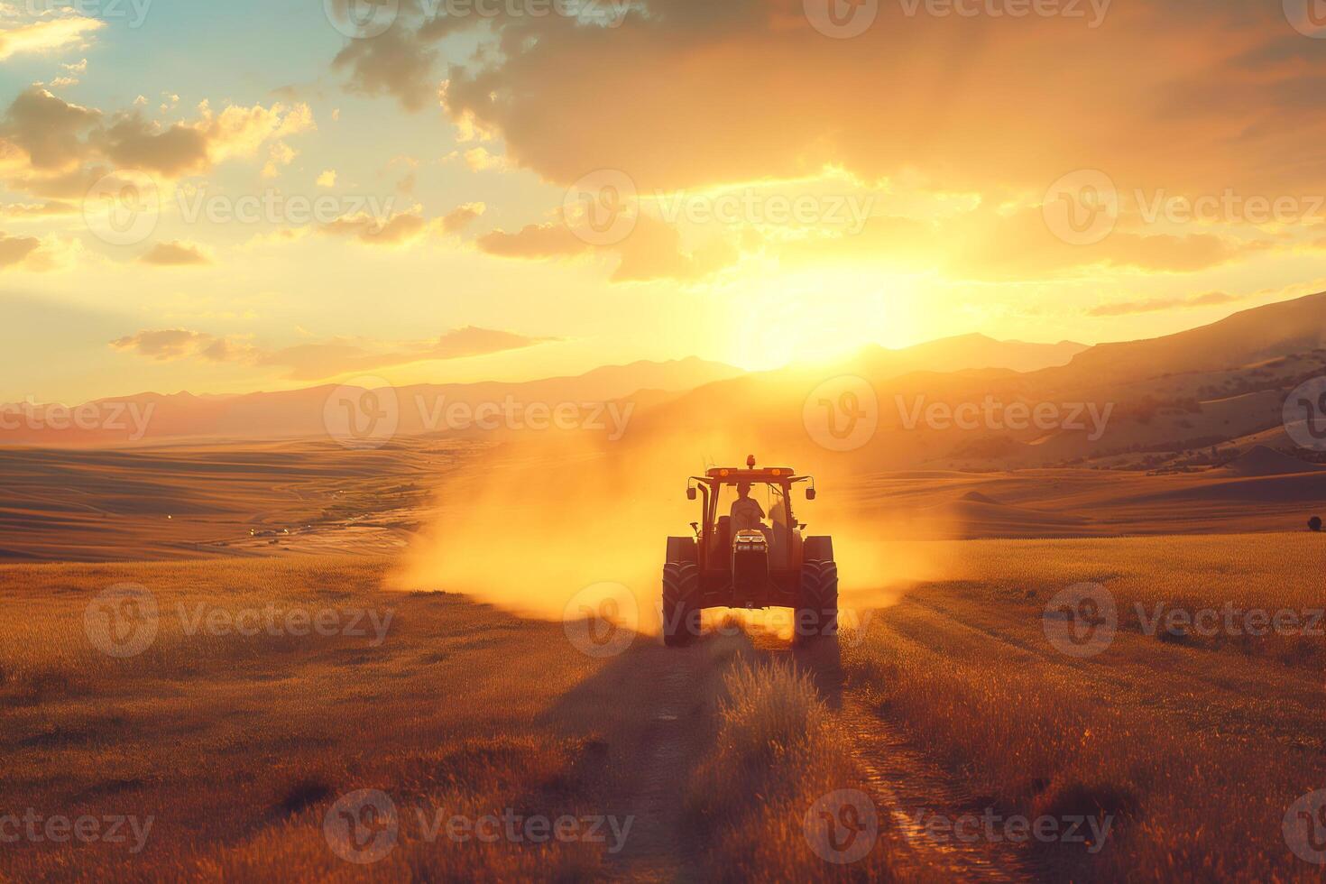 Majestic sunset behind a tractor working in a vast golden field, creating a serene rural landscape. photo