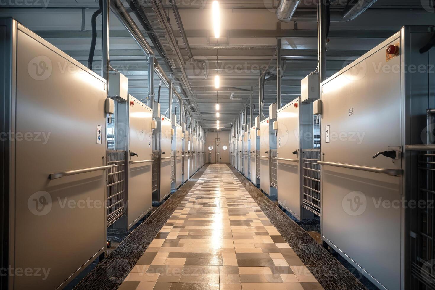 A modern, well-lit corridor lined with metallic units, creating a sleek and orderly atmosphere. photo