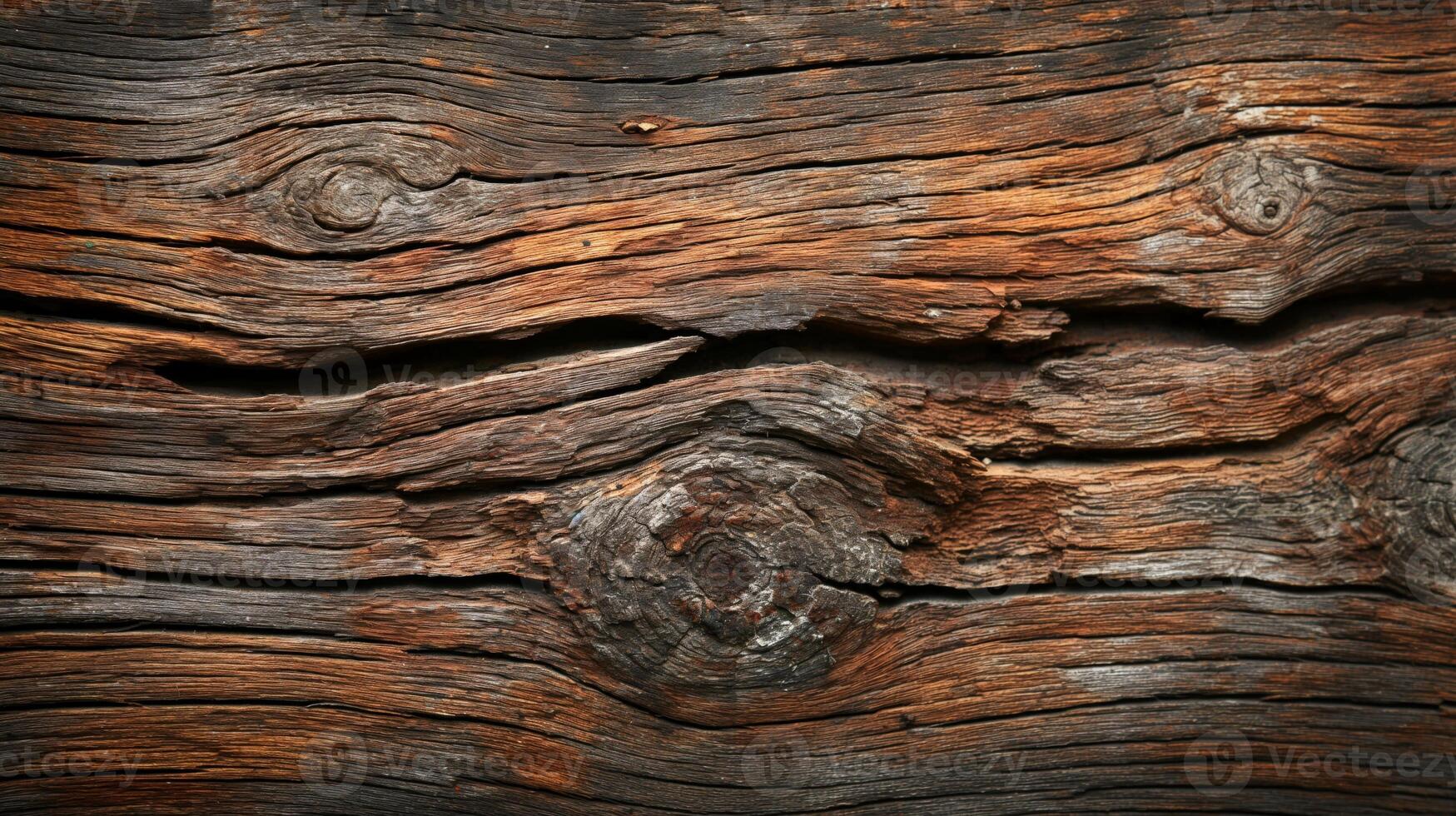 Close-up of textured, weathered wooden surface displaying natural patterns and rich brown hues. photo
