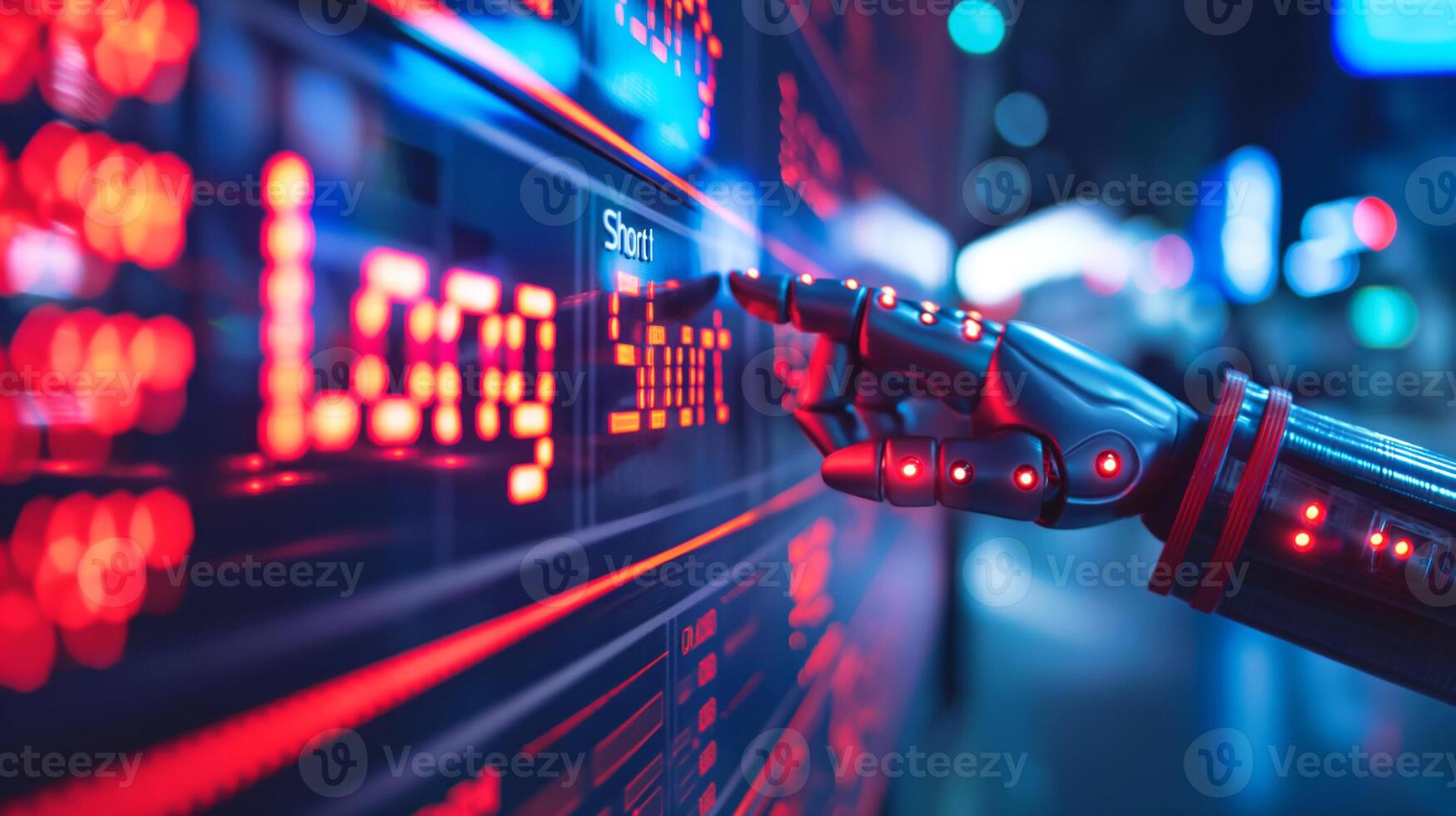 A futuristic robotic hand interacts with a digital interface, showcasing advanced technology and vibrant red lighting. photo