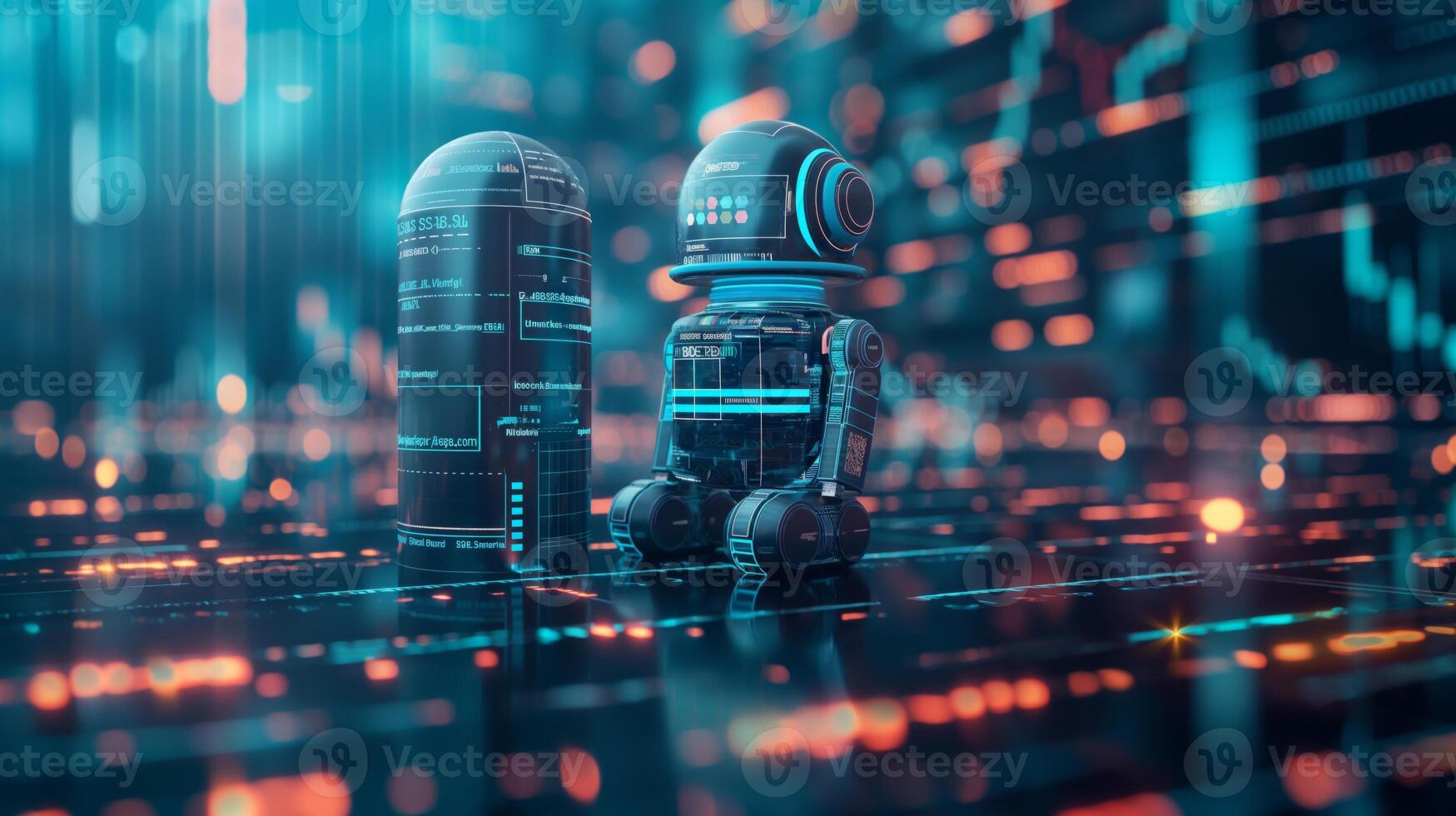 A futuristic robot stands next to a digital data capsule, illuminating a high-tech environment filled with glowing circuits. photo