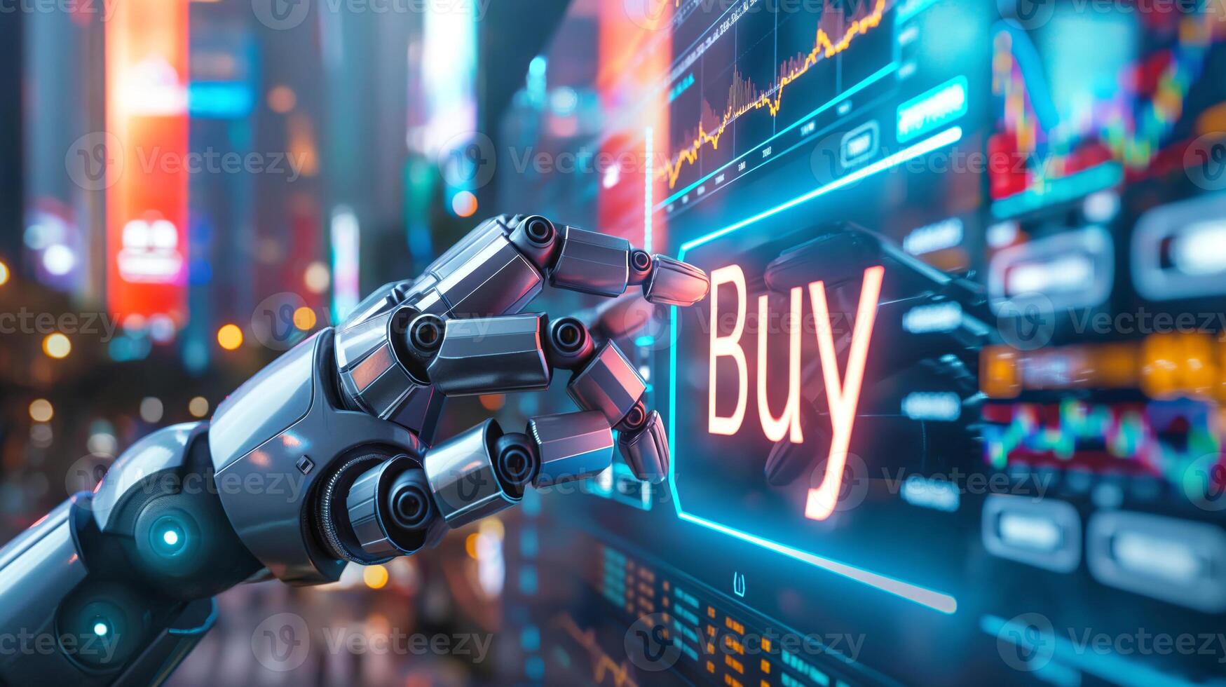 A robotic hand poised to click the 'Buy' button on a digital interface, representing the fusion of technology and finance. photo