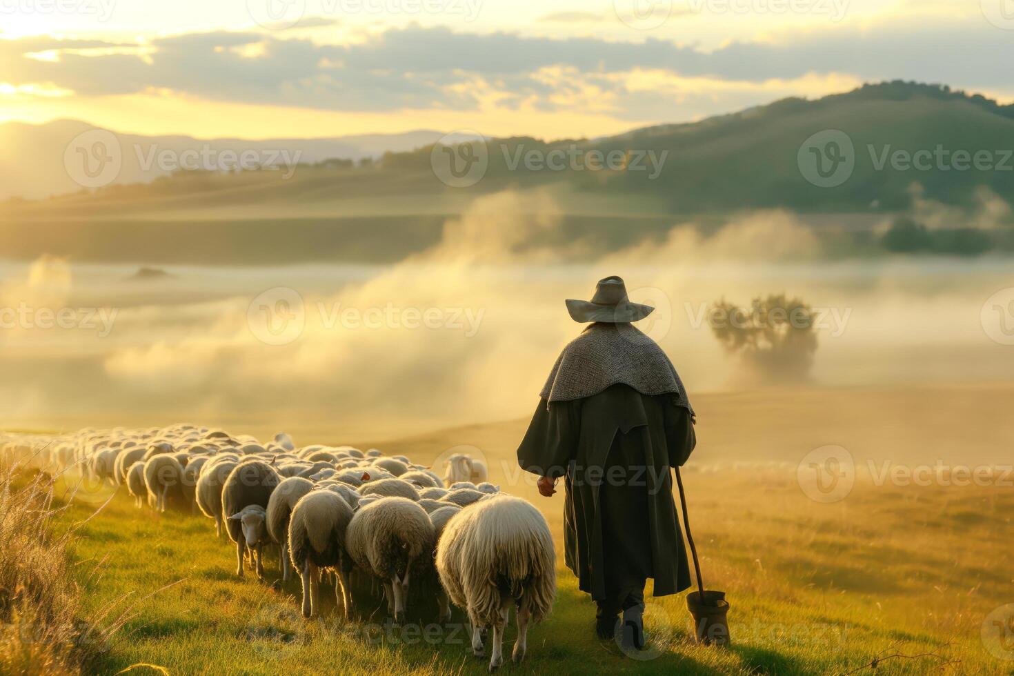 Shepherd guiding flocks of sheep at dawn amidst a misty landscape. photo