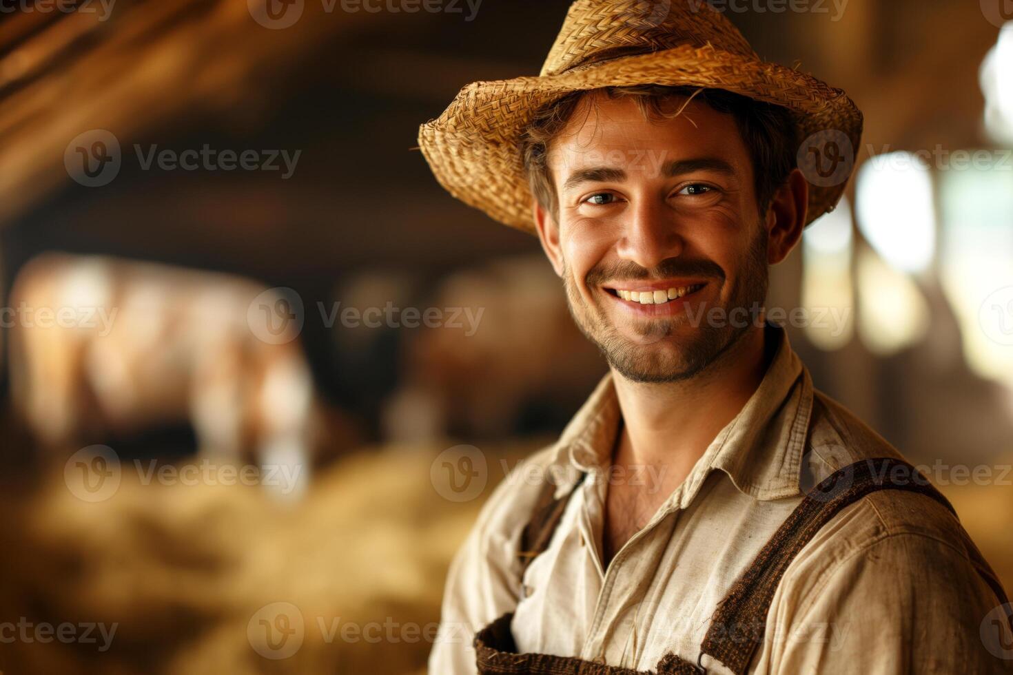 Happy young Caucasian farmer in a straw hat, smiling in a rustic barn filled with hay. photo