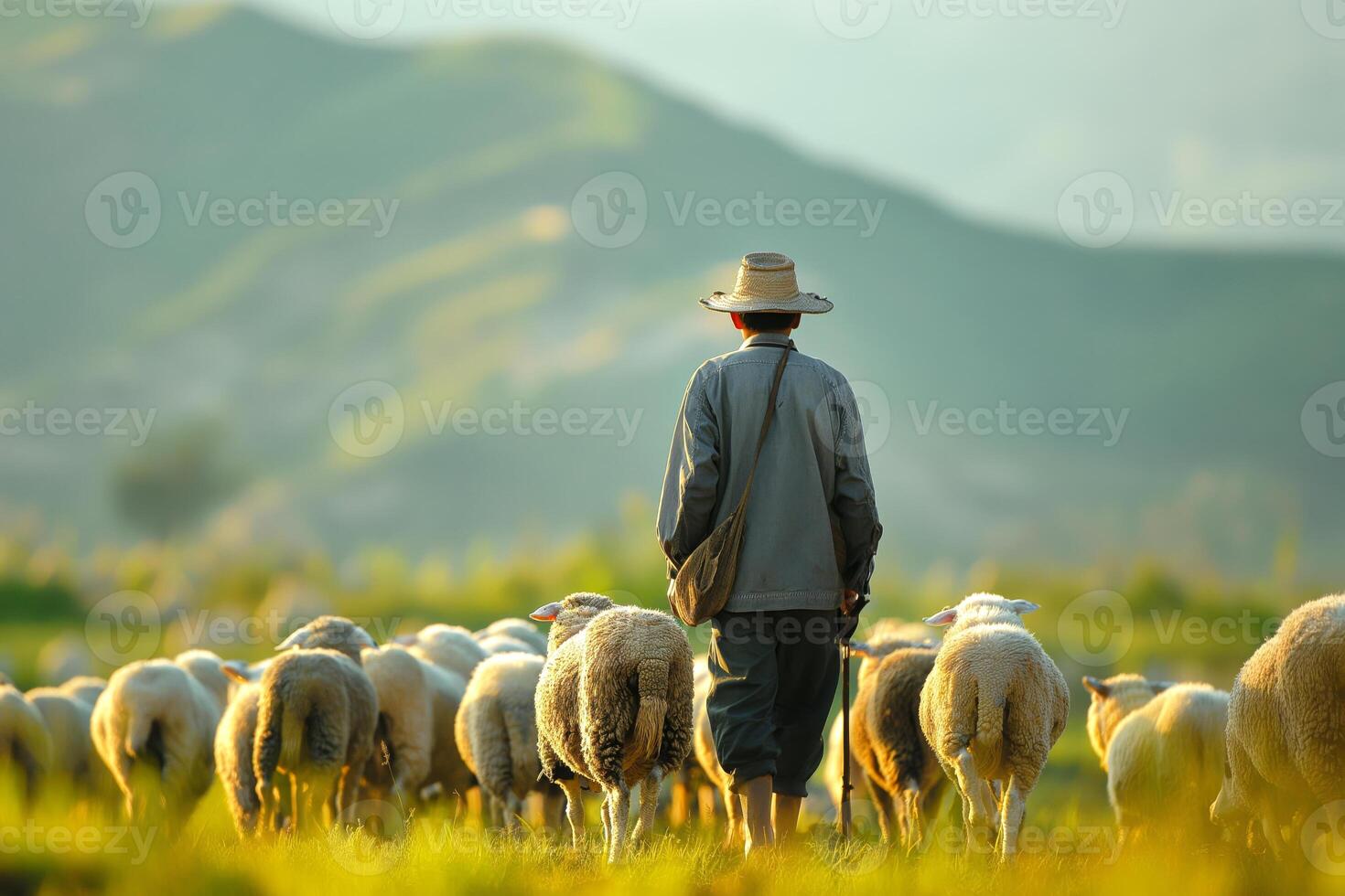A male shepherd guides a flock of sheep through lush green fields, bathed in soft sunlight. photo