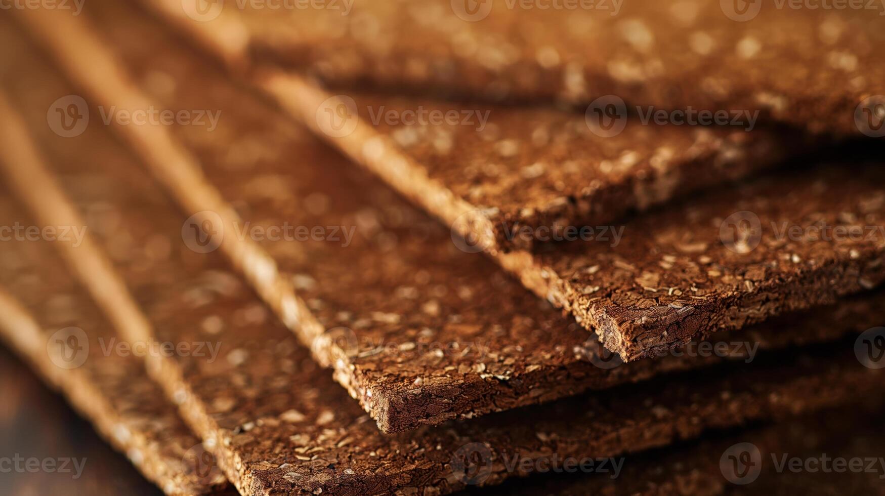 Close-up of textured brown cork sheets stacked elegantly, showcasing their natural patterns and earthy tones. photo