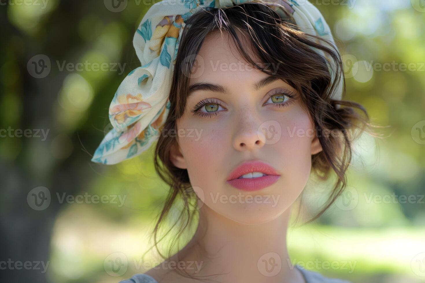 A young Caucasian woman with striking green eyes poses outdoors, wearing a floral scarf in her hair, exuding a soft and dreamy vibe. photo