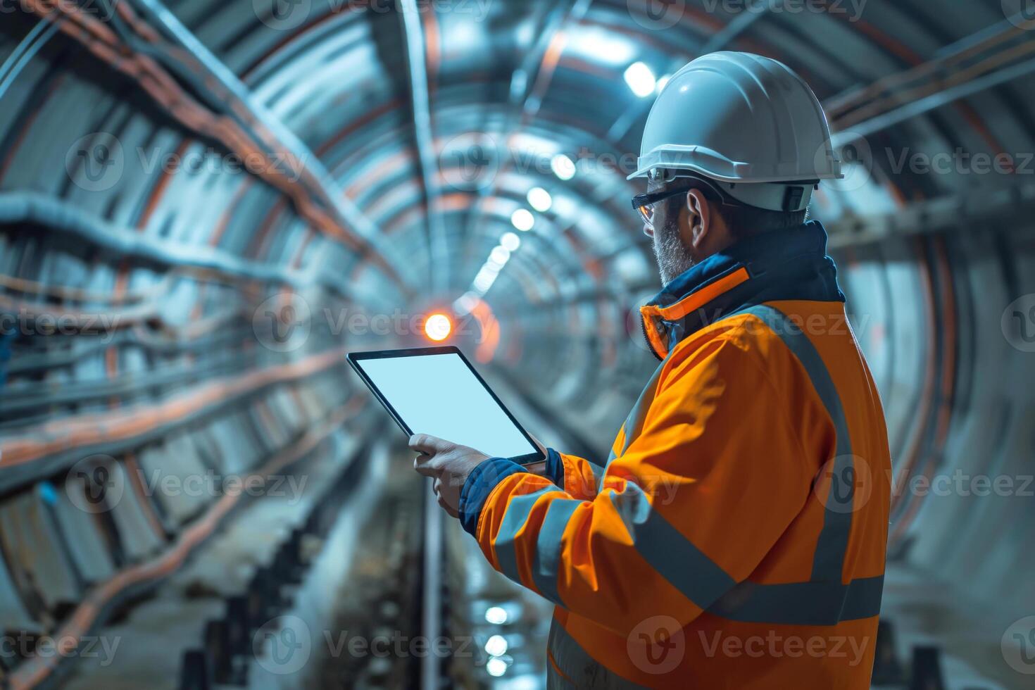A male construction engineer in an orange safety jacket and helmet inspects data on a tablet inside a dark tunnel. photo