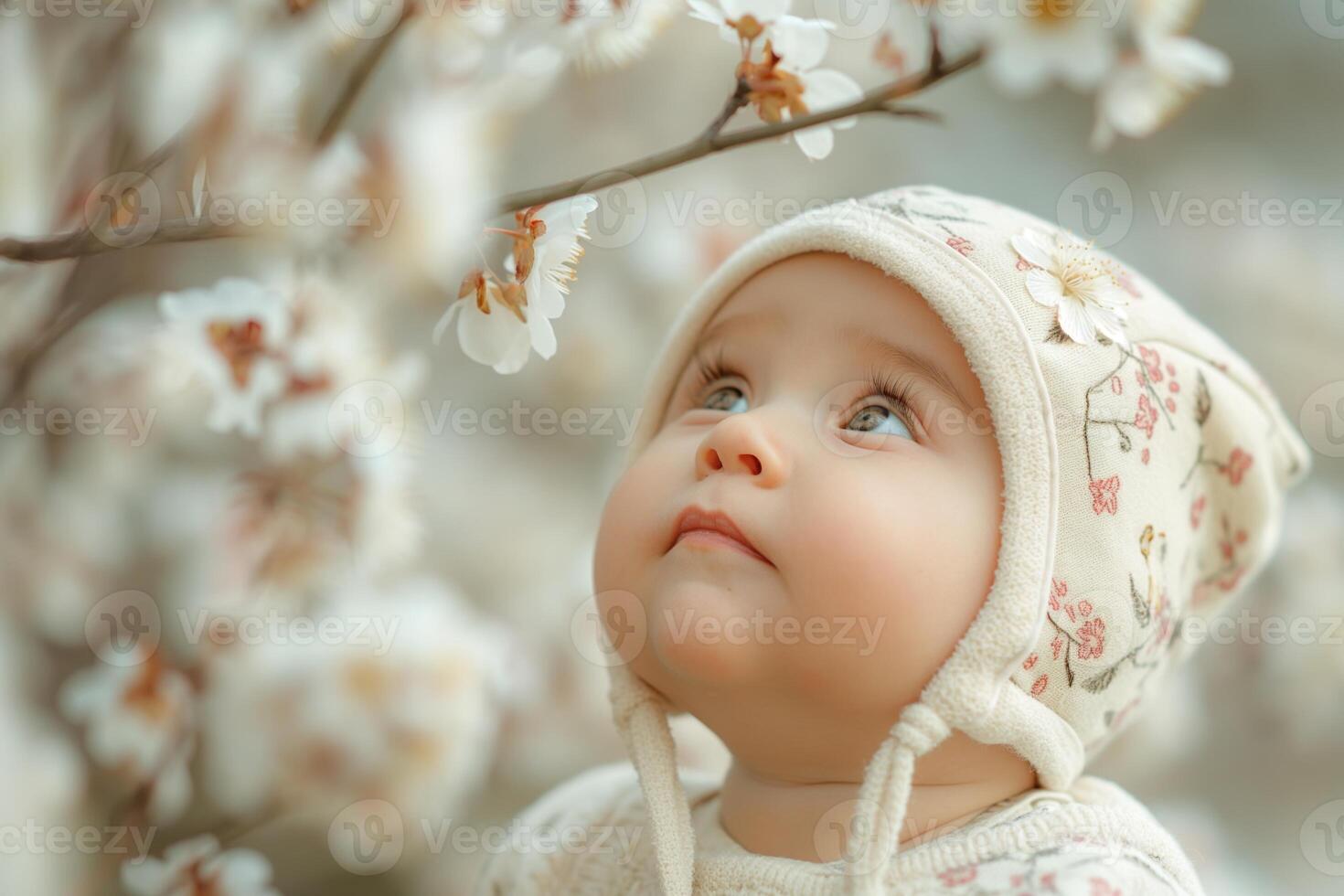 A curious baby girl gazes at blooming flowers, showcasing innocence and wonder in a soft, pastel-colored setting. photo