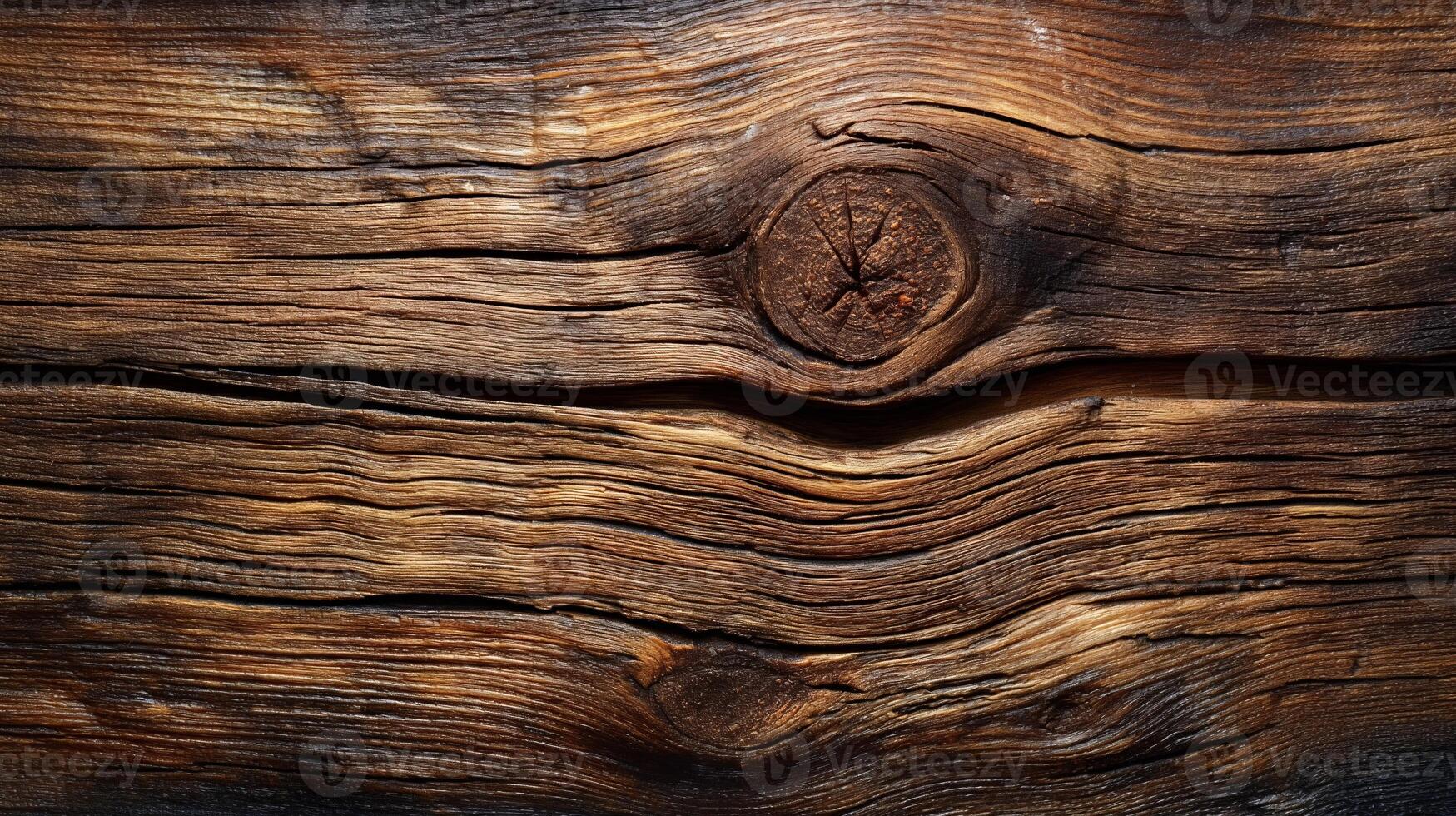 Close-up of a rustic wooden surface with rich texture and warm hues, showcasing natural grain patterns and a distinct knot. photo