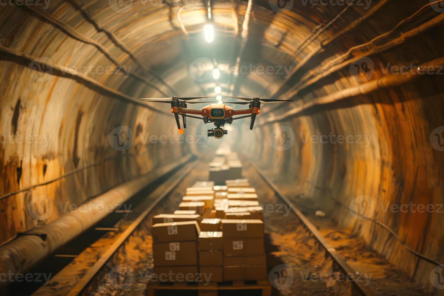 A drone capturing footage in a dimly lit underground tunnel filled with stacked boxes. photo