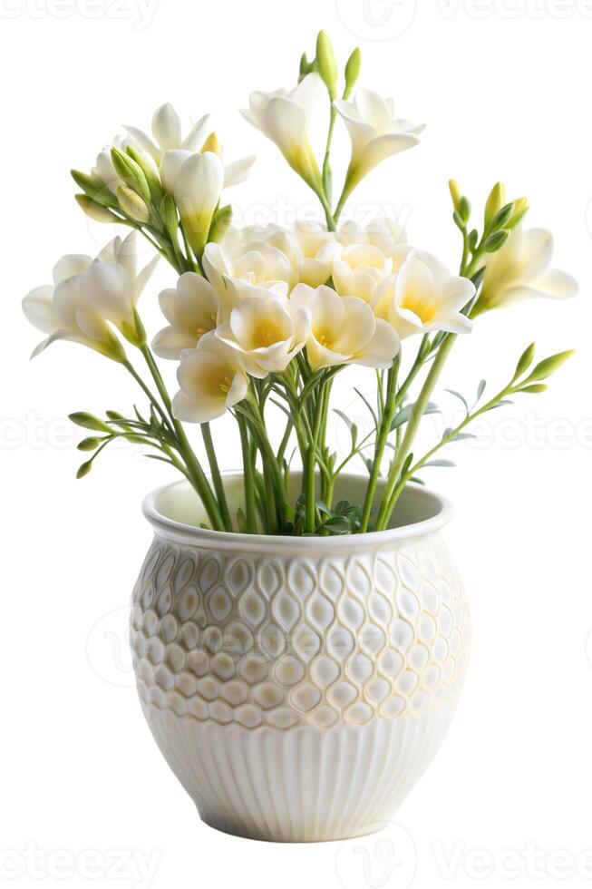 A delicate arrangement of white freesia in a textured ceramic vase, bringing a soft and elegant touch to any space. photo