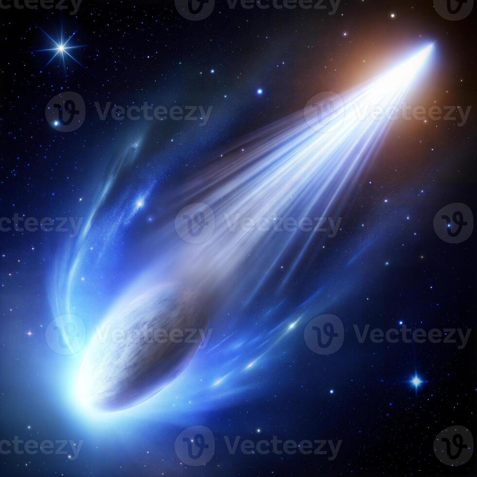 A dazzling comet streaks through the dark cosmos, illuminating the space with its brilliant tail. photo