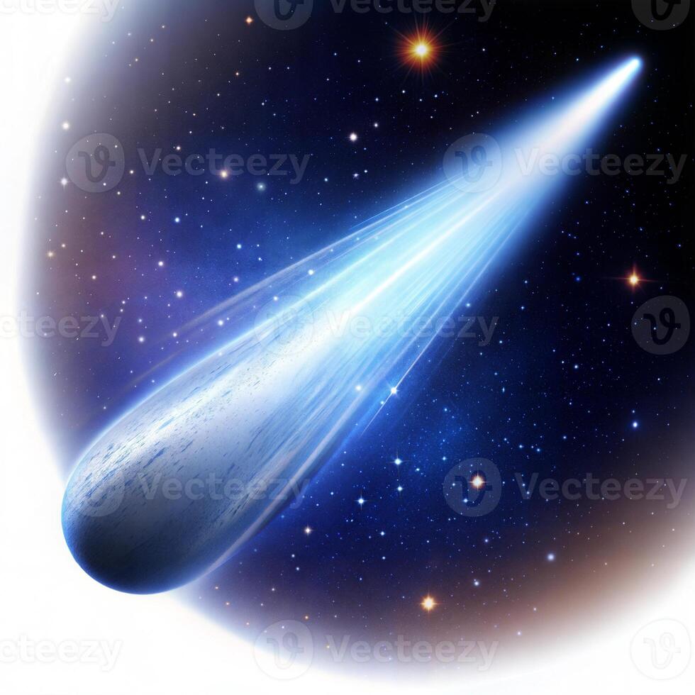 A stunning comet streaking through deep space, illuminating the cosmic backdrop with its brilliant tail. photo