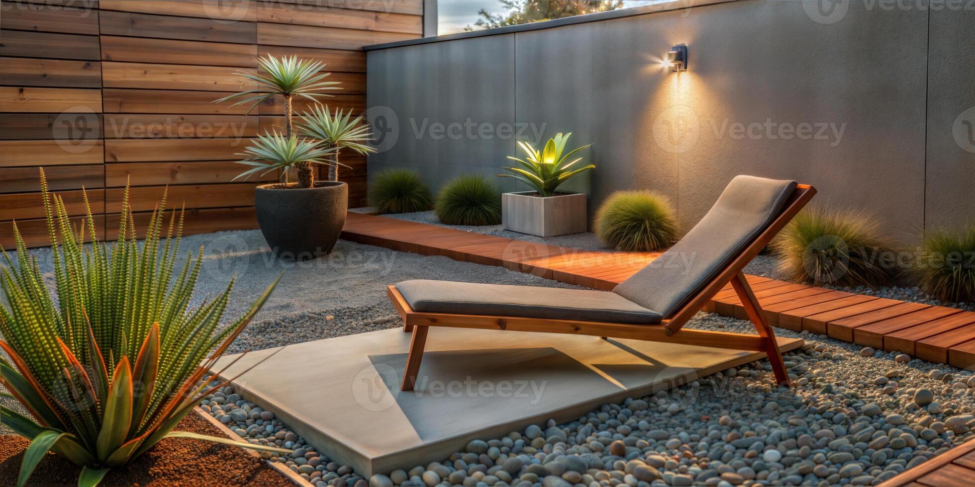 An elegant wooden lounge chair surrounded by modern landscaping in a tranquil garden setting at dusk. photo